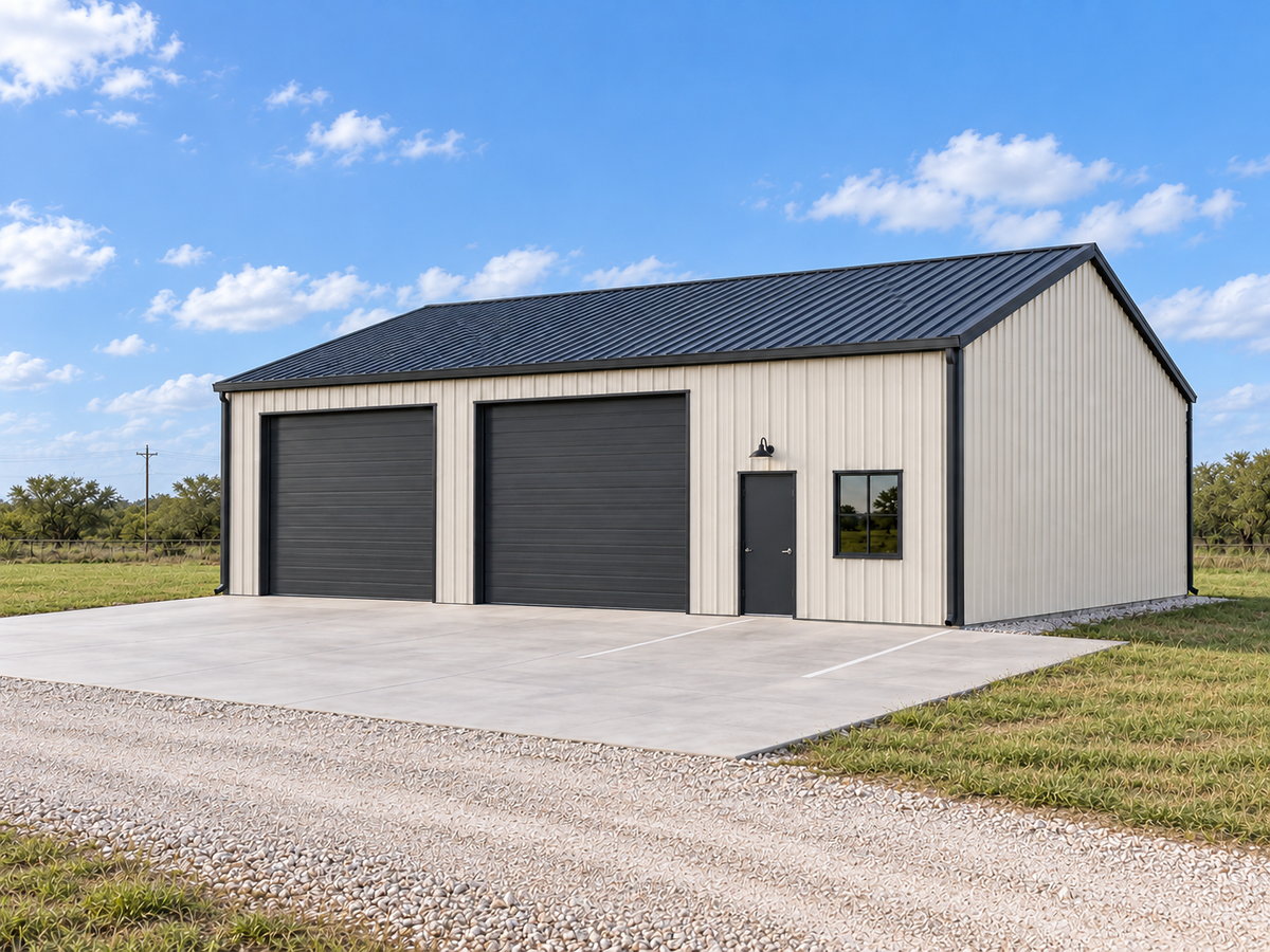 Concept rendering of a light-stone commercial metal building with a charcoal roof, two enclosed bays, an office entrance and striped parking