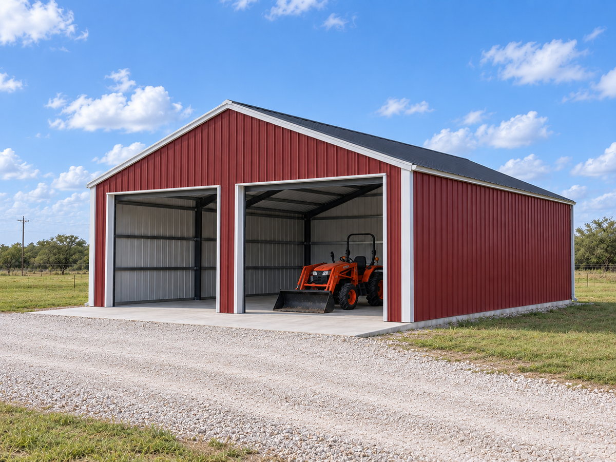 Concept rendering of a barn-red metal equipment building with white trim, two open bays and a tractor parked inside