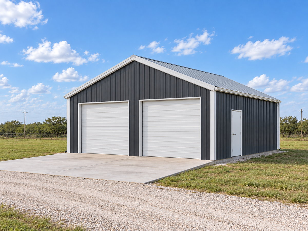 Concept rendering of a charcoal metal garage with white trim and two white roll-up doors on a concrete slab