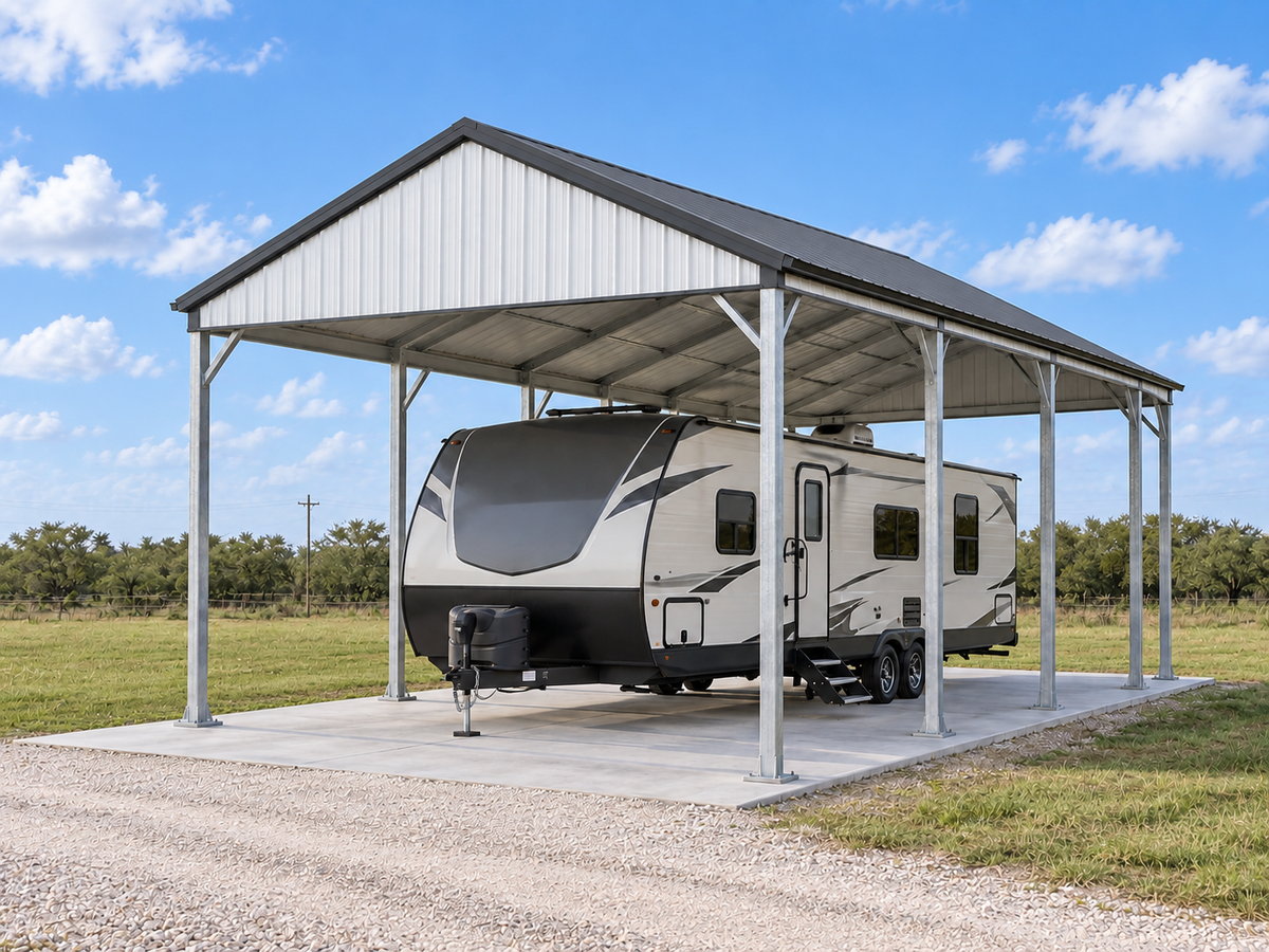 Concept rendering of an open-sided metal RV cover with a travel trailer parked underneath