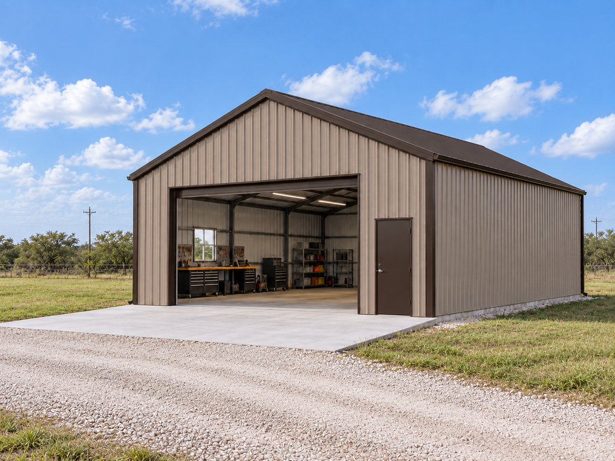Concept rendering of a taupe metal workshop with a brown roof, one wide open bay showing a workbench and tool storage inside