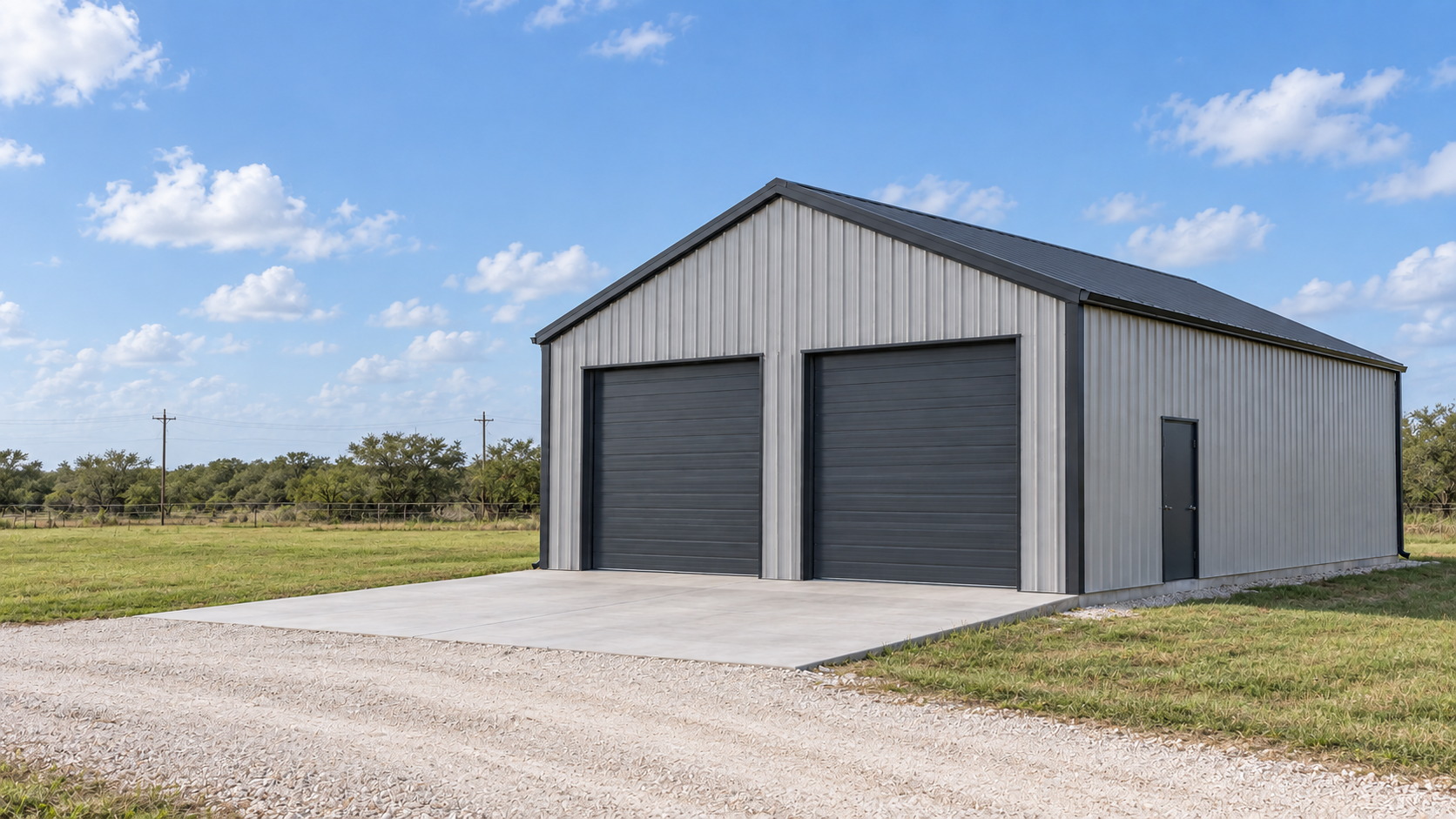 Concept rendering of a light gray metal shop building with a charcoal roof and two charcoal roll-up doors, on open South Texas land